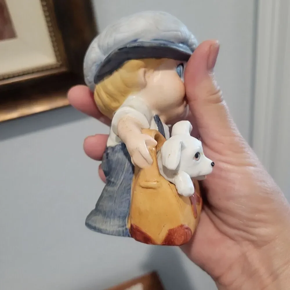 Vintage HOMCO - Little Boy with Dog In his Bag figurine #1439 ceramic Taiwan 80s